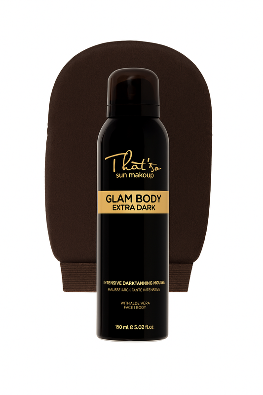 That'so Glam Body Extra Dark brun-utan-sol-mousse och appliceringshandske
